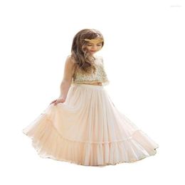 Girl Dresses Bohemian Flower Girls 2022 Two Pieces Style Gold Sequins Junior Bridesmaid Dress Crop Top Beach Country Boho Dance