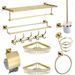 Bath Accessory Set Hardware Solid Brass Towel Rack Bar Corner Shelf Paper Holder Toilet Brush Row Hooks Nail Punched Gold