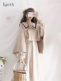 Two Piece Dress Xgoth Kawaii Suits Spring Autumn Japan Lovely Schoolgirl Doll Collar Long Sleeve Cape Shawl Two piece Set 221122