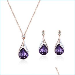 Pendant Necklaces Purple Diamond Water Drop Necklace Earrings Jewellery Set For Women Fashion Gift Delivery Necklaces Pendants Dhtsx