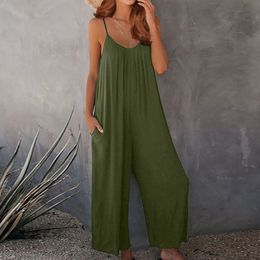 Women's Jumpsuits Rompers Elegant Summer Sexy Sleeveless Straps Wide Leg Playsuits Casual Solid V-neck Overall 2XL 221122