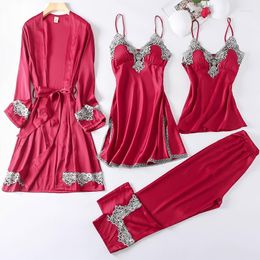 Home Clothing Casual Women Sleepwear Satin Pyjamas 4PCS PJS Set Sexy Nightwear Kimono Bathrobe Gown Lace Intimate Lingerie Soft Homewear