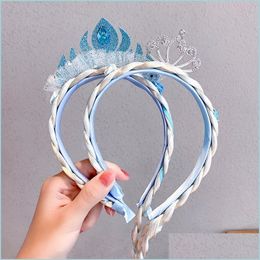 Headbands Blue Princess Crown Snowflake Headband Grenadine Bow Knot Hairpiece Braid Hair Ring Band Hoop Children Girls Cosplay Jewel Dh7O0