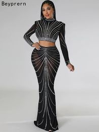 Two Piece Dress Beyprern Gorgeous Sheer Mesh Crystal Crop Top And Maxi Skirt Set Two Piece Luxury Diamonds Party Christmas Gowns 221122