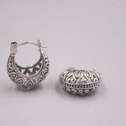 Hoop Earrings Handmade Real S925 Sterling Silver Earring Retro Circle Hollow Carved Flowers RetroPersonality Bohemian Ethnicity