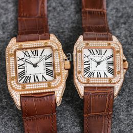 Top Stylish Quartz Watch Men Women Gold Silver Full Rhinestone Dial Sapphire Glass 42mm 36mm Leather Strap Wristwatch Classic Square Design Ladies Dress Clock 1740