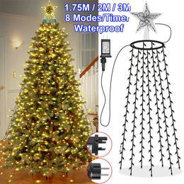 Christmas Decorations 8 Modes Timer LED Tree Waterfall Lights with Star Topper Memory Twinkle Garden Holiday Lighting 221122