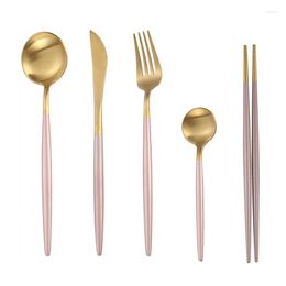 Dinnerware Sets 30pcs Korean Royal Pink Golden Tableware Cutlery Set Dinner Knife Spoon Fork 18/8 Stainless Steel Western