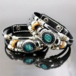 Luminous 12 Constellation Bracelet Men Women Glass Gem Photo Leather 12 Zodiac Sign Bracelet For Boys Girls Couple Gift