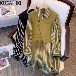 Two Piece Dress KUSAHIKI Autumn Piece Outfits Causal Striped Long Sleeve Blouse Fashion Sleeveless Waistcoat Korean Sets 221122