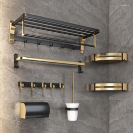 Bath Accessory Set Towel Rack Free Punch Light Luxury Black Gold Space Aluminium Bathroom Folding Rod Toilet Pendant