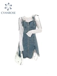 Two Piece Dres Two piece Set Sexy Lace Long Sleeved T Shirt Vintage Denim A line Suspender Streetwear Casual Chic Female Summer 221122