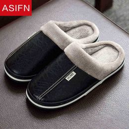 Asifn Home Winter Pu Leather Slippers Men Waterproof Indoor NonSlip Soft Bottom House Warm Indoor Big Size Man Fur Slippers J220716