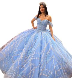 Light Sky-Blue Floral Quinceanera Dresses 2023 Bow Plus Size Ball Gown Masquerade Princess Girl Glitter Long Sweet 16 Prom for 15 Years Off-the-Shoulder Quince 15 Beads