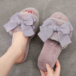 Korean Version Of The Ins Style Indoor Home Sweet And Fashionable Furry Drag Girl Autumn And Winter Bow Girl Cotton Slippers J220716