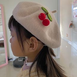 Berets Kids Wool Winter Beret Hat Cute Cherry Beanie For Girls Baby French Artist Cap Solid Color Retro Plaid