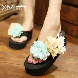 Xmistuo Summer Women Beach Bohemian Slippers Soft Slides 7Cm High Heel Korean House Girls Flower Slippers XM12019 J220716