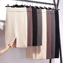 Skirts Womens Knit Slit Autumn and Winter Elastic Waist Solid High Casual Thick Sweater for Female 221122