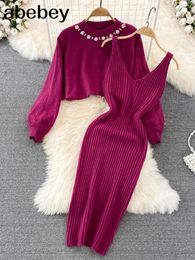 Two Piece Dress Beading Knitted Women Sets Loose Long Sleeves Sweater Solid Elastic French Style Casual Set 221122