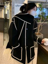 Women's Wool Blends UCXQ Woollen Overcoat Autumn Knitted Tassels Cloak Style Mixed Colour Single Breasted Midi Long Coat Streetwear Female 10AB2875 221122