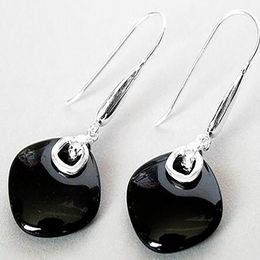 FASHION 925 SILVER NATURAL BLACK Natural Stone EARRINGS 14/5"