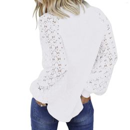 Women's T Shirts Casual Tunic For Women Fashion Lace Crochet Long Sleeve Crewneck Knit Pullover Loose Blouses Tops