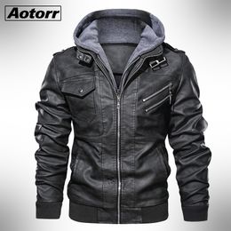 Men's Leather Faux Autumn Winter Motorcycle Jacket Windbreaker Hooded Jackets Male Outwear Warm Biker PU EU Size 3XL 221122