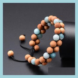 Beaded Vintage Amazonite Wooden Beads Double Row Bracelet Stone Braided Adjustable Bracelets Bangle Cuff Women Men Fashion Jewelry D Dhw7W