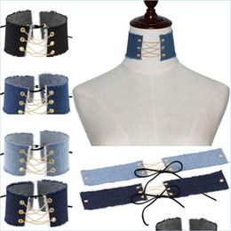 Chokers Blue Jeans Denim Chokers Necklace Collar Mtilyaer Chains Lace Adjustable Necklaces For Women Grils Party Nightclub Fashion J Dhcob