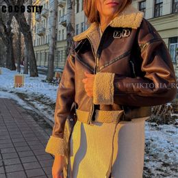 Womens Leather Faux Winter Jacket Thick Coat Warm Lamb Biker Female Casual Belt Outwear Ladies 221122