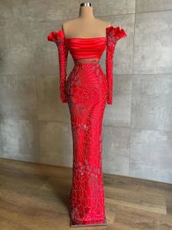 Elegant Red Prom Dresses Beaded Off the Shoulder Party Dresses Long Sleeves Mermaid Custom Made Evening Dress