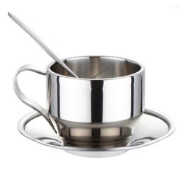 Cups Saucers 3 Pieces Stainless Steel Handheld Small Coffee Milk Juice Cup Saucer Double Wall Set Teacup Party Drinking Gifts