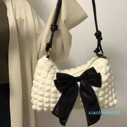 Evening Bags Sweet Bowknot Women's Shoulder Fashion Female Girls Underarm Bag Pleated Plaid Ladies Beige Purse Handbags Small Tote