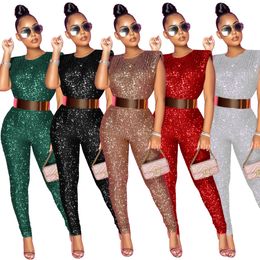 Women's Jumpsuits Rompers VAZN Sexy O-neck Sequins Glitter Office Lady Women Sleeveless Banquet Party Beach Full Pant Bandage 221122