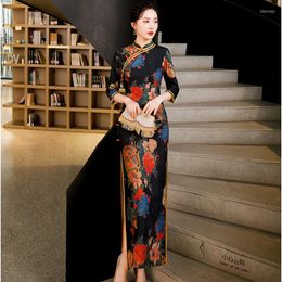 Ethnic Clothing Fashion Long Sleeve Flower China Qipao Printed Improved Slim Show Chinese Traditional Dress For Women Shanghai Cheongsam