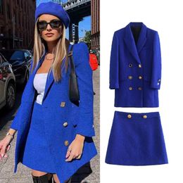 Two Piece Dress Autumn blue lapel double breasted suit skirt autumn casual temperament two piece 221122