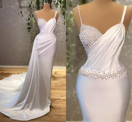 Sexy Wedding Dress For Women Charming 2023 Straps Pearls Bride Gowns White Mermaid Floor Length Robe De Mariee Customise