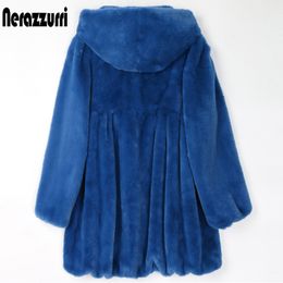 Women's Fur Faux Nerazzurri Spring Pleated Blue Light Soft Coat Women with Hood Skirted Fluffy ry Jacket Fall Korean Fashion 221123