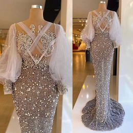 2023 Designer Mermaid Evening Dresses Long Sleeves Sparkly Sequins Crystals Beaded Lace Applique Plus Size Pleats Prom Gown Formal Custom Made Vestidos