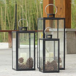 Candle Holders Simple Wrought Iron Holder Retro European Candlestick Outdoor Windproof Glass Centerpiececandelabros Home Decoration