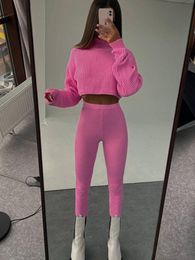 Women's Two Piece Pants Streetwear Knitting Two 2 Piece Sets Womens Outfits Fall Clothing Turtleneck Pullover Sweater Crop Top Long Pants Suit Tracksuit 221123