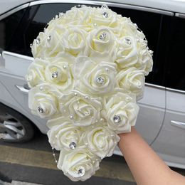 Decorative Flowers Wreaths Long Waterfall Wedding Bouquet Bride Bridesmaid Pearl PE Rose Flower for Marriage W330PE 221122