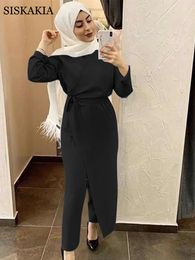 Women's Jumpsuits Rompers Siskakia Women Solid Belted Jumpsuit Long European and American Fashion Rompers Dubai Muslim Jumpsuit Fall 221123