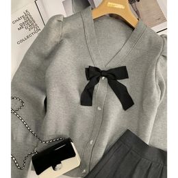 Two Piece Dress Spring Sweet Bow Tie V Neck Grey Knitted Coat Cardigan Female Aline Pleated Skirt 2 Piece Set Women's Fashion Suit 221123