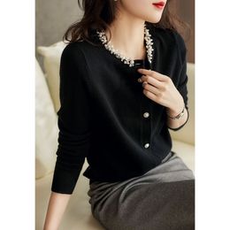 Women's Knits Tees Spring Temperament Light Luxury Beaded Knitted Cardigan Simple Solid Colour Sweater For Women 221123