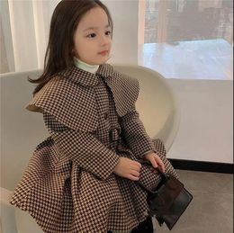 Coat Girl en Long Trench Jacket Autumn Winter Korean Version Baby Girl Plaid Belt Outerwear Child Outfit 2 6 yrs 221122