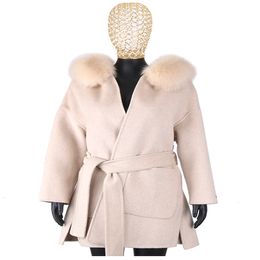 Womens Fur Faux FURYOUME 100% Wool Coat Real Collar Jacket Winter Long Fashion Loose Outerwear Casaco For Women With Belt 221122