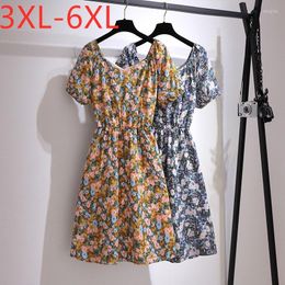 Plus Size Dresses 2022 Ladies Summer For Women Large Short Sleeve Loose Yellow Floral Print Midi Dress 3XL 4XL 5XL 6XL 7XL