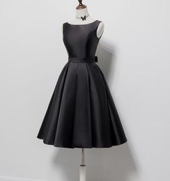 Scoop A-line Little Black Dress Satin Cocktail Dresses Backless Knee-length Homecoming Dresses