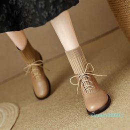 Boots Korean version simple autumn and winter knitting socks boots lace up round head thick heel fashion 2022 slim short boots